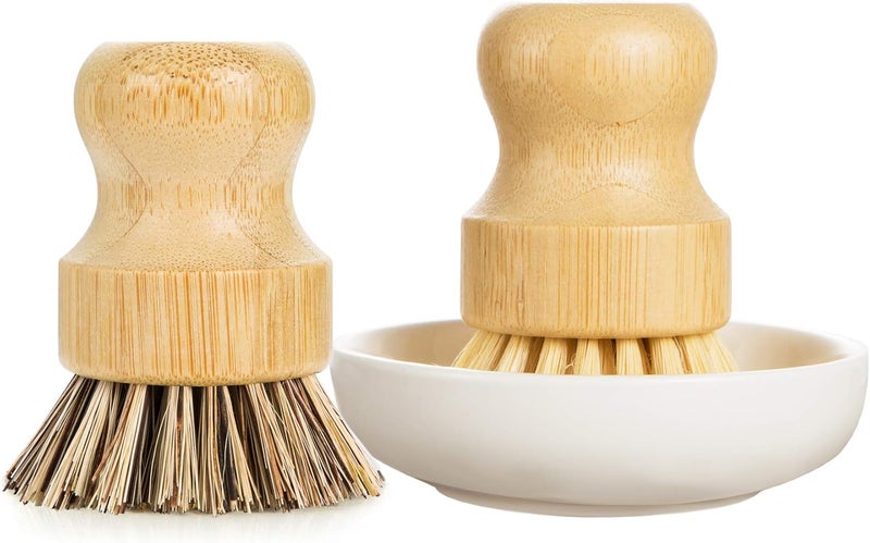 GREENTH PRO Palm Pot Dish Brush- Nature Bamboo 2 Packs Mini Durable Scrub for Kitchen Cleaning with Ceramics Holder - Image 1